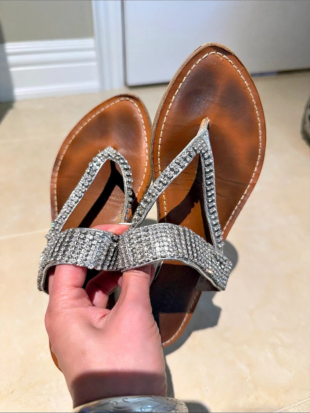 Matisse Rhinestone Thong Sandals in Silver & Brown